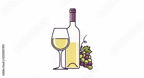 White wine bottle, full glass, and grape cluster illustration