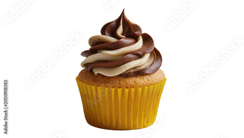 Vanilla cupcake with swirled chocolate and vanilla frosting in yellow wrapper