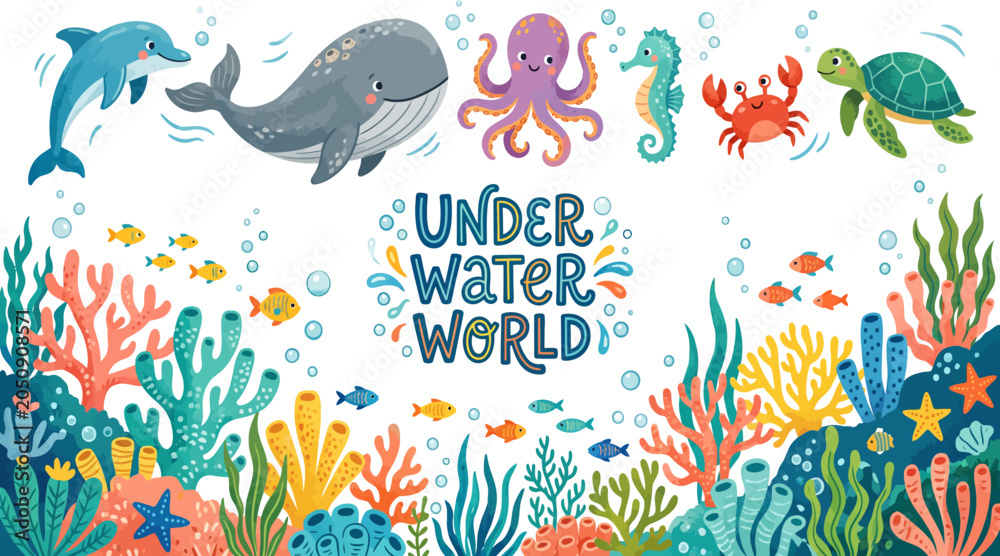 Obraz premium Underwater world background with cute marine animals, ocean plants, and colorful corals.