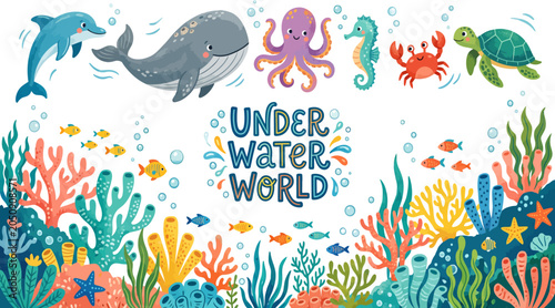 Underwater world background with cute marine animals, ocean plants, and colorful corals.