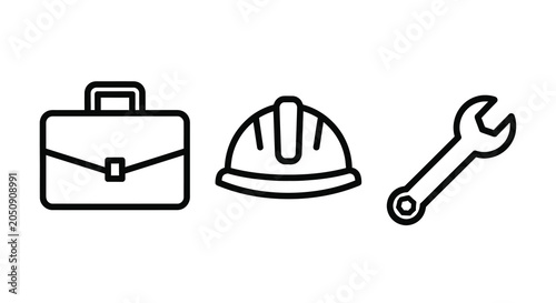 Quadro em tela Briefcase Construction Helmet And Wrench Line Icons On White Background
