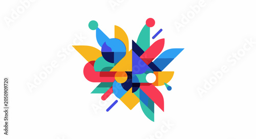 Dynamic abstract composition with colorful geometric shapes and circles