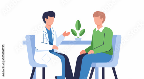Doctor consults with patient, sitting at a table with a plant
