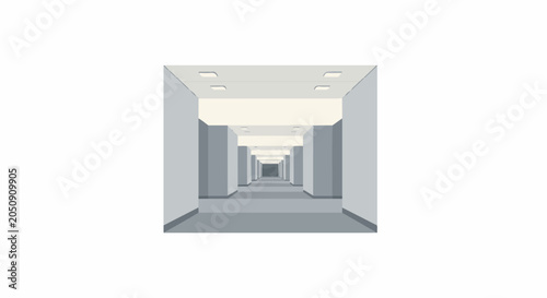 Endless interior corridor with symmetrical illuminated panels on ceiling