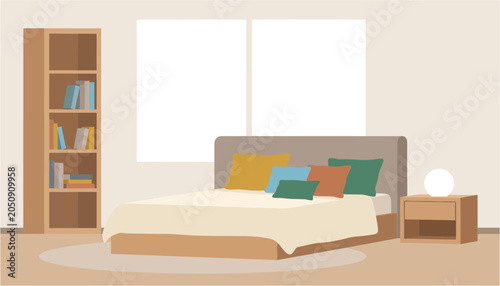 Cozy bedroom with a neatly made bed colorful pillows and a bookshelf bathed in soft daylight from two large
