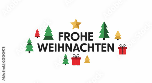 Festive graphic with trees, gifts, and text 