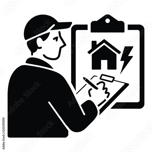 Professional electrician reviewing home maintenance clipboard with tools and house diagram illustration