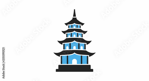 Stylized flat icon of a multi-tiered pagoda with blue accents and black rooflines