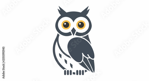 Stylized, flat design of a grey owl with large yellow-ringed eyes
