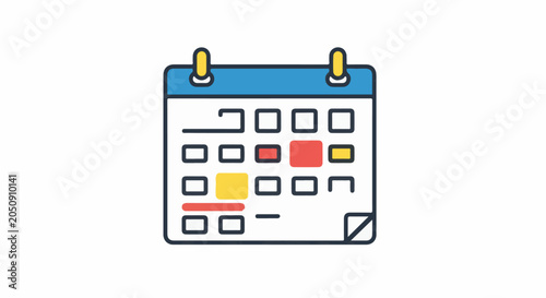 Stylized flat icon of a calendar with highlighted days and a note