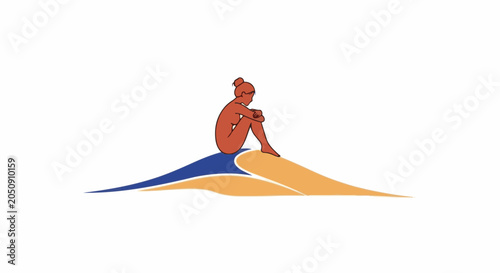 Stylized figure sits on abstract waves, contemplating solitude