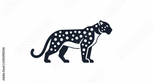Stylized dark leopard with white spots stands in profile