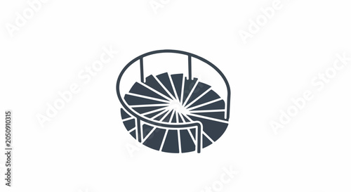 Stylized dark gray spiral staircase inside a circular outline on white
