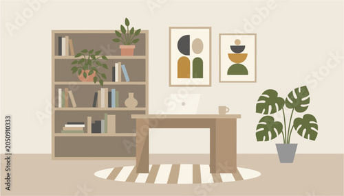 Modern home office with wooden desk bookshelf plants and abstract wall art in soft neutral lighting