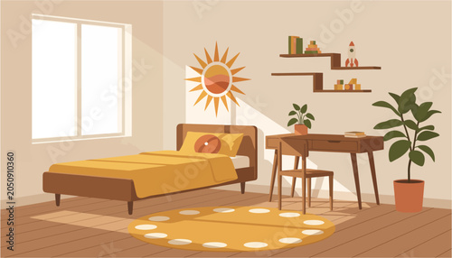 Cozy bedroom with a single bed and desk bathed in warm sunlight during the day