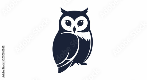 Stylized, dark blue owl silhouette with large eyes and white accents
