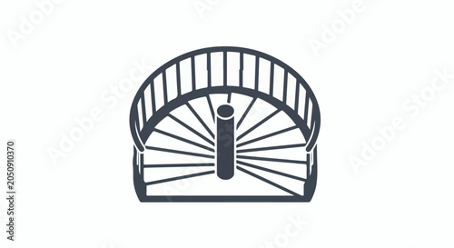 Stylized dark blue circular staircase with railing on white background