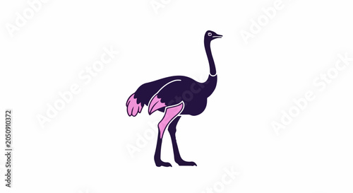 Stylized dark bird with pink accents stands tall against white