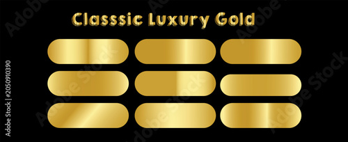 Classic luxury gold metallic gradient color palette collection, featuring nine horizontal rounded banners with premium golden swatches isolated on a solid black background.