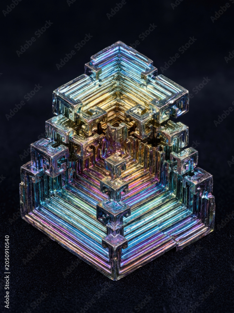 Fototapeta premium Bismuth crystal formation displays vibrant colors and intricate geometric patterns