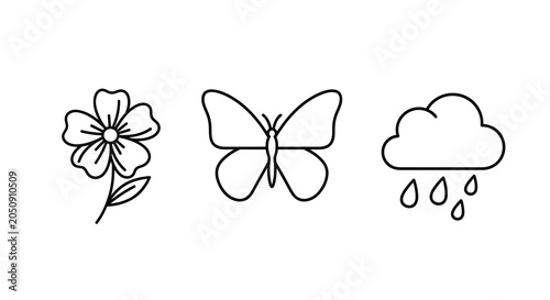 Floral butterfly and rain cloud line drawings on a white background