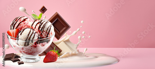 Strawberry ice cream sundae with chocolate and splashing milk on a pink background with copy space