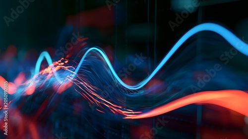 Abstract neon light trails depict an innovative data flow visualization with vibrant blue and red energy