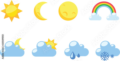 Tableau sur toile Weather icons set sun moon rainbow clouds with precipitation