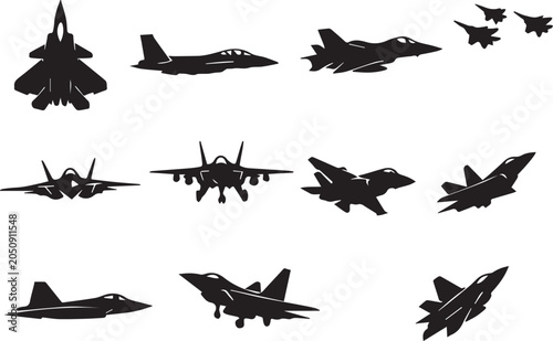 Military Fighter Jet Silhouette Collection - Modern Stealth Aircraft Vector Set with Multiple Angles and Models Including F-22 and F-35 Styles for Aviation Design and Tactical Icons