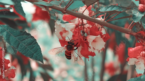 Vibrant Bumblebee Pollinating Red and White Flowers in a Lush Garden Setting with Soft Focus Background Ideal for Nature and Environmental Themes