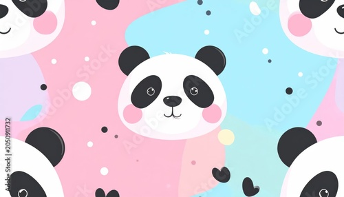 Cute Cartoon Panda Faces Arranged on Pastel Pink and Blue Background