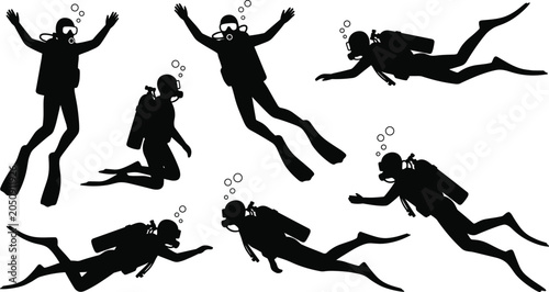 Принти на полотні Professional Scuba Diving and Underwater Exploration Vector Icon Set Featuring B