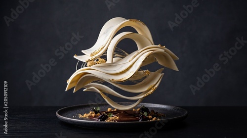 Avant garde white chocolate sculptural dessert with gold foil leaf accents on black plate