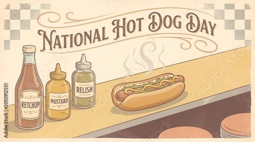Celebrate National Hot Dog Day with a Classic Vintage Diner Style Illustration Featuring Condiments and a Steaming Frankfurter