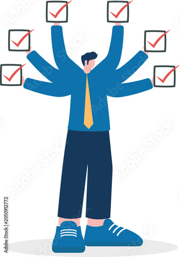 Multi armed businessman managing tasks by holding multiple documents with red check marks