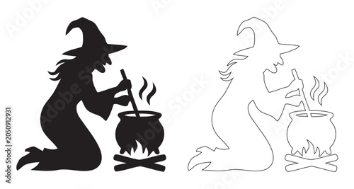 Bild auf Leinwand Spooky Halloween Witch Cooking Potion on Bonfire Cauldron Silhouette and Outline