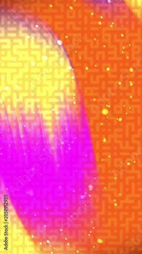 Abstract vertical background with vibrant orange, yellow, and magenta colors featuring a geometric maze pattern and glowing particles.