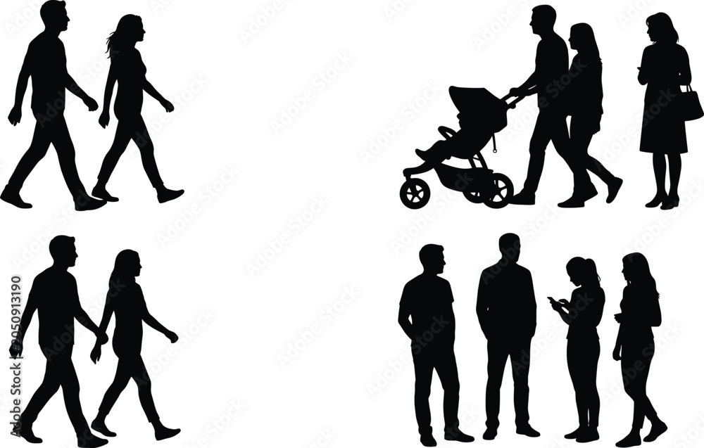 Obraz premium Vector silhouettes of diverse people walking in couples, talking in groups, and pushing a baby stroller stroller on a walk