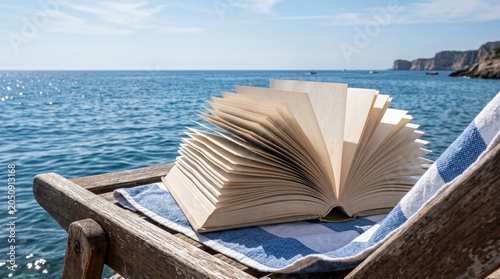 Open book with fanning pages on a beach chair by the sea during summer vacation
