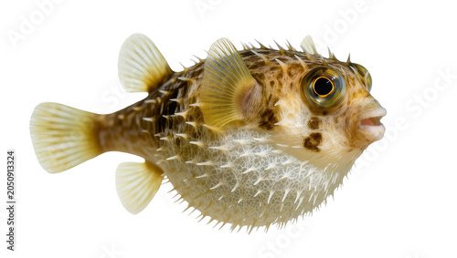Bilde på lerret Spiky pufferfish with large eyes and fins, brown and white markings