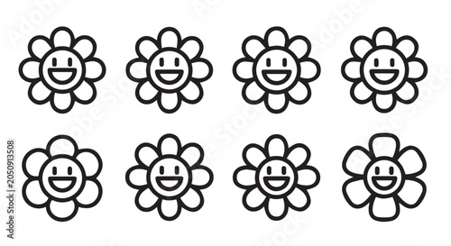 Cute smiling flower icons in a clean line art pattern for cheerful design elements