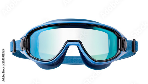 Foto Blue swimming goggles with reflective lenses and adjustable strap