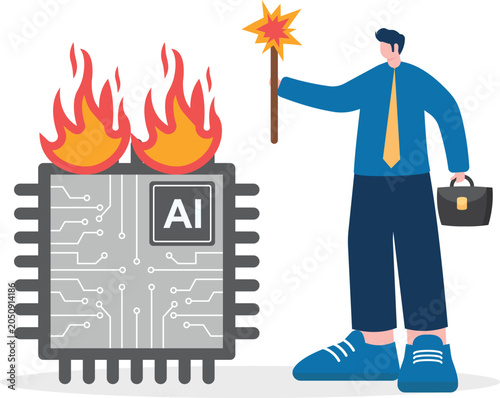 Photos Businessman lighting up a giant hardware microchip with flame using a burning to