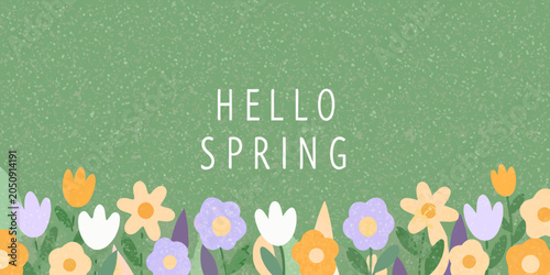 Floral ornament with spring greeting illustrated vector design on green backdrop