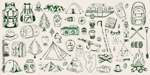 Canvas-taulu Hand Drawn Camping And Outdoor Adventure Equipment Collection Green Sketch