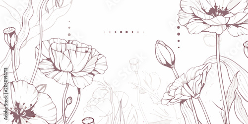 Fotografija Floral ornament with poppy flowers and delicate line work on a white background