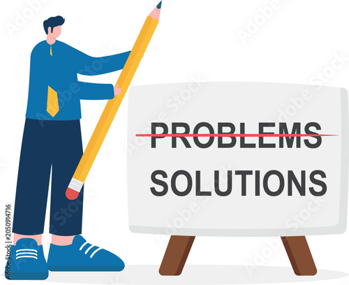 Foto Businessman erasing problems text and writing solutions on billboard with giant