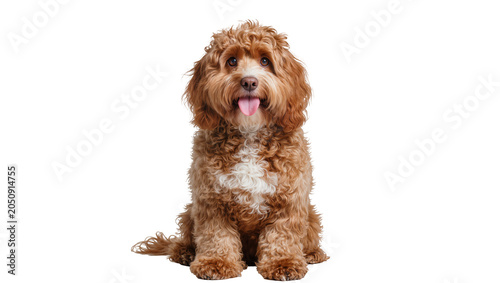 Fluffy brown cockapoo dog sitting with tongue out