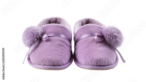 Foto Lavender corduroy slippers with fluffy pom-poms and ribbon bows