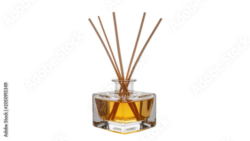 Square glass diffuser bottle with amber liquid and wooden reeds